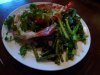 Steamed cray with ginger and shallots, beans and gai lan.
